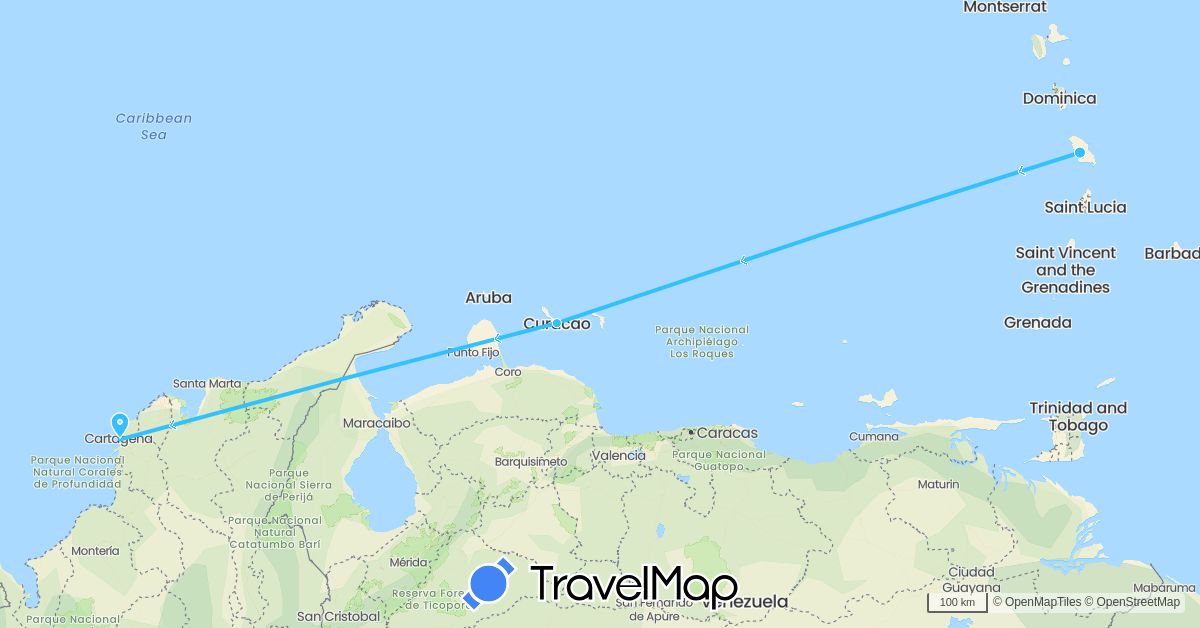 TravelMap itinerary: driving, boat in Colombia, Martinique (North America, South America)